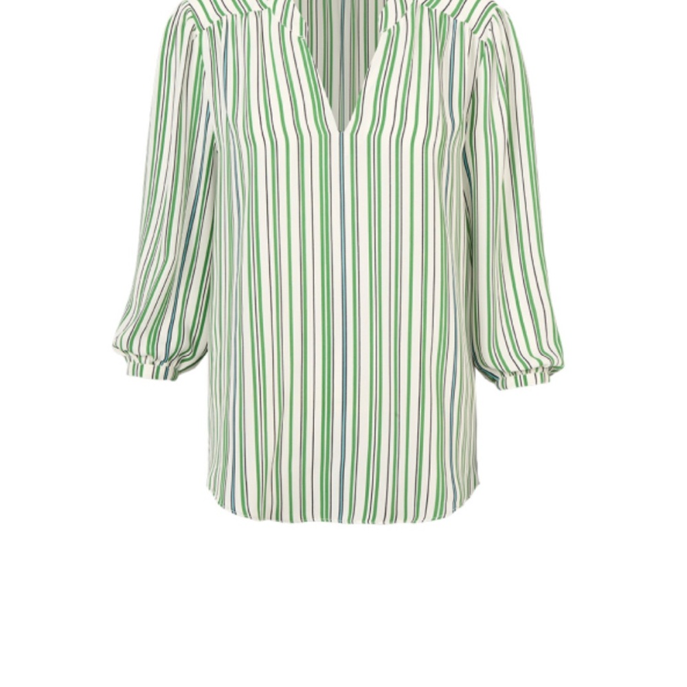 CAbi Green and White Puff Sleeve Blouse